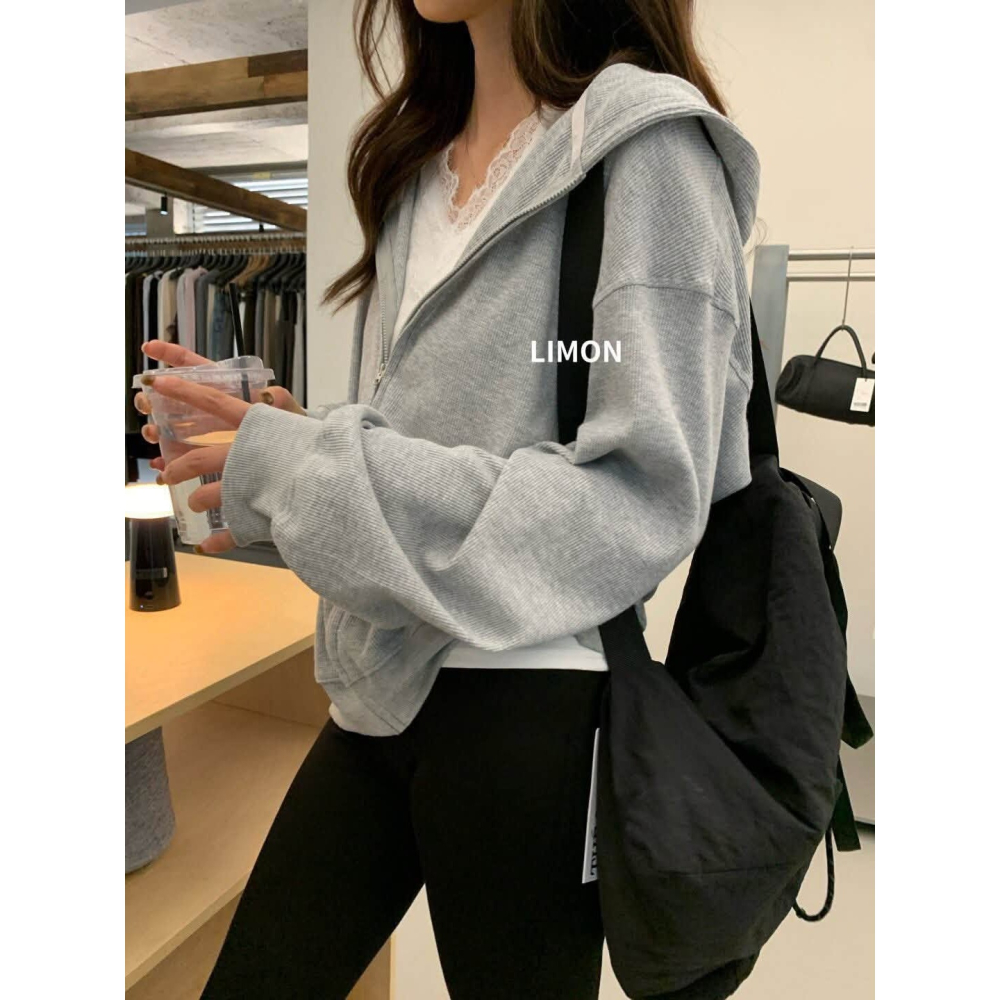 ✈️預購// 檸檬家//小餅乾格連帽拉鍊寬鬆外套~10.25-細節圖7