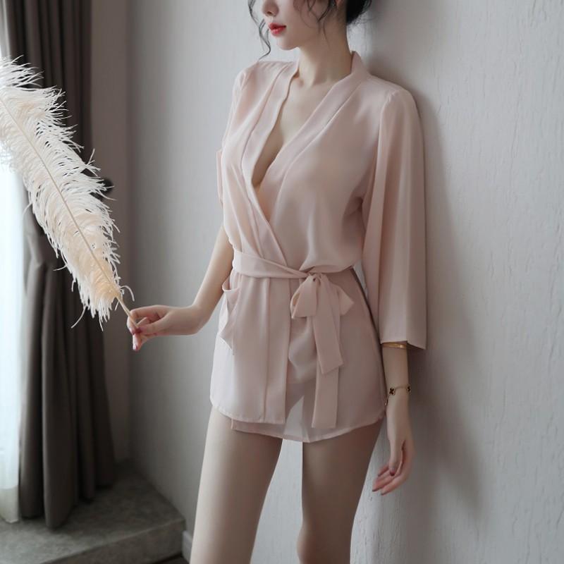 透明雪紡浴袍 情趣內睡衣 台灣現貨 性感睡衣 日式和服浴袍 透視 含小褲-細節圖4