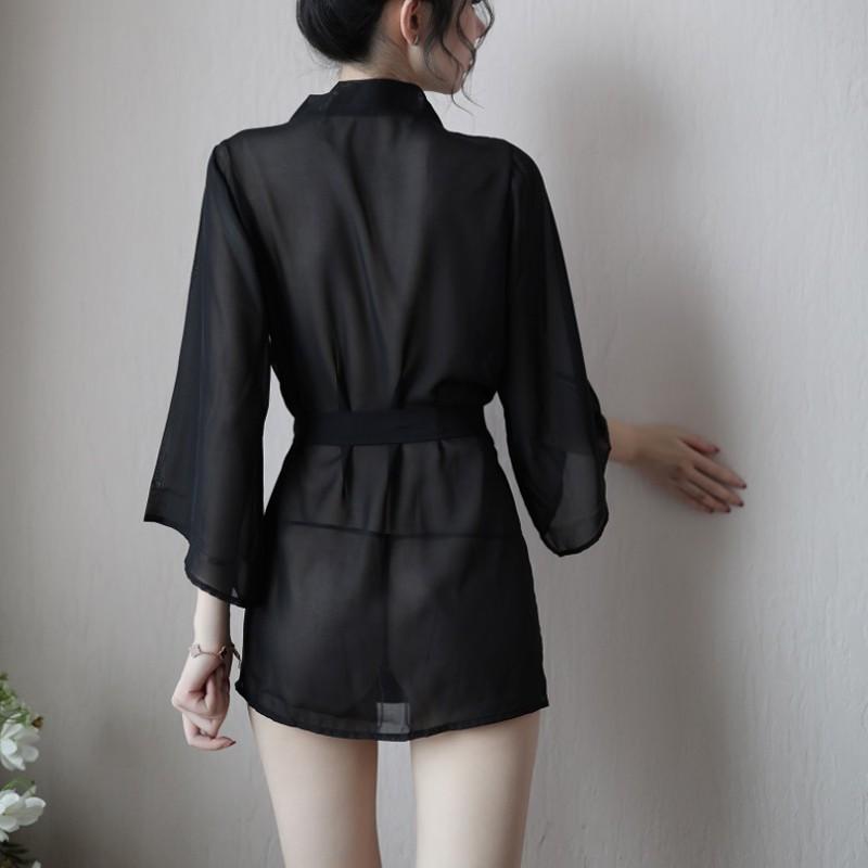 透明雪紡浴袍 情趣內睡衣 台灣現貨 性感睡衣 日式和服浴袍 透視 含小褲-細節圖8