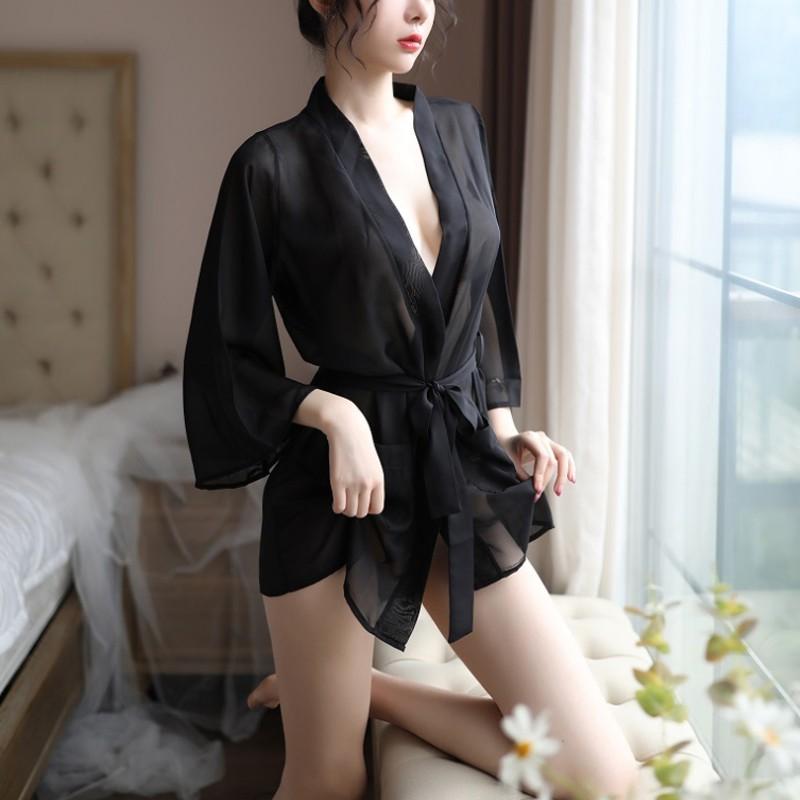 透明雪紡浴袍 情趣內睡衣 台灣現貨 性感睡衣 日式和服浴袍 透視 含小褲-細節圖9