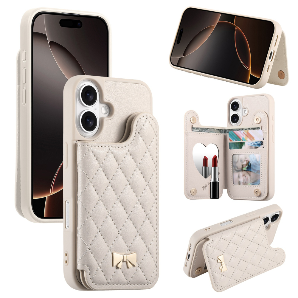 小香風 iPhone17 手機殼 補妝鏡+插卡 三合一多功能防摔殼 支架保護套 適用Pro Max Pro Air-細節圖11