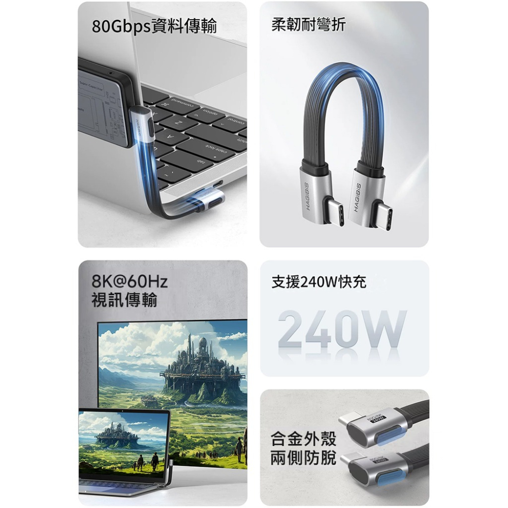 USB4 Type-C短線 90度直角快充線 80Gbps傳輸 8K@60Hz 240W筆電Switch手機平板通用-細節圖9