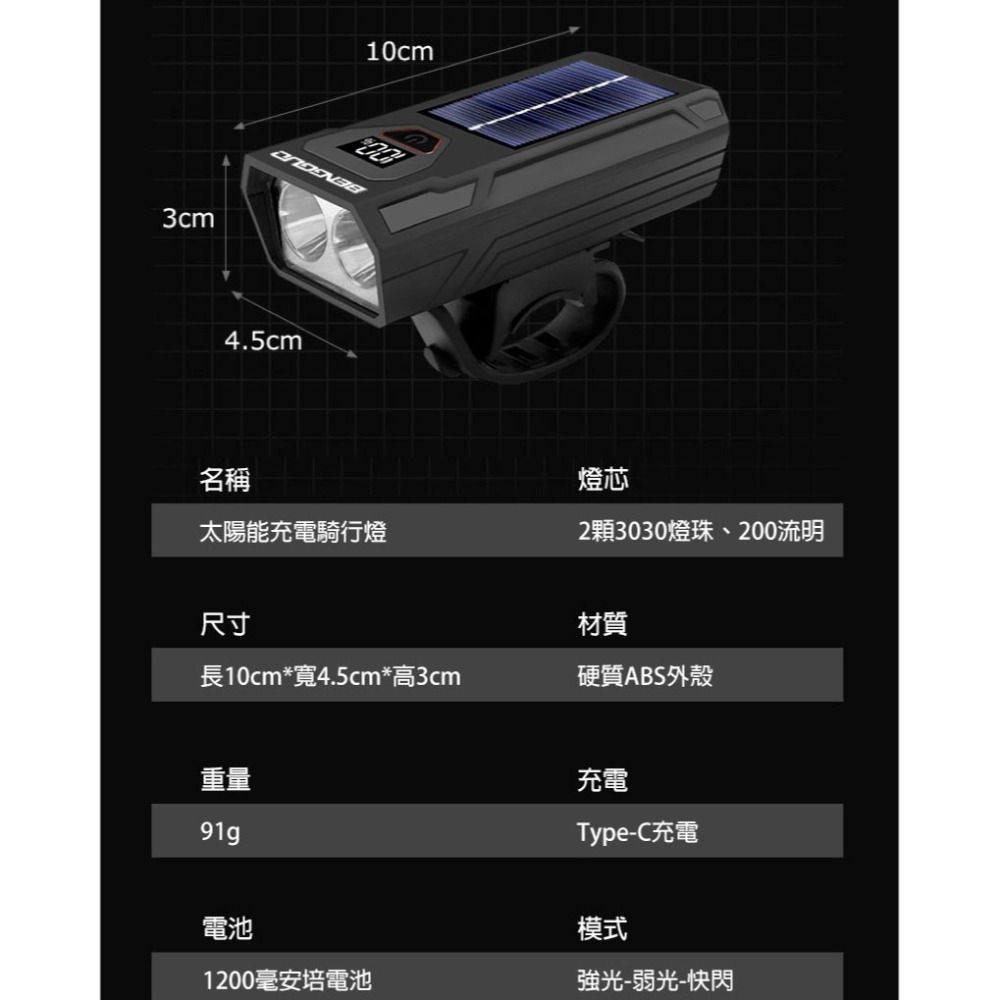 夜騎必備！太陽能充電腳踏車燈 高亮度自行車前燈 智慧電量顯示 騎行照明裝備-細節圖3