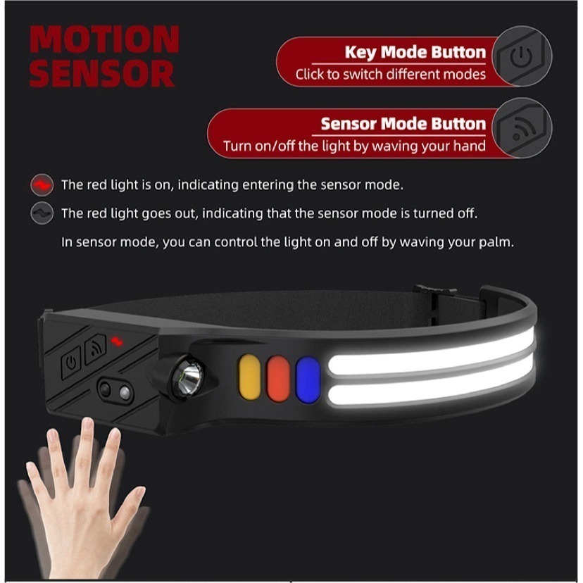【230°超廣角】COB感應頭燈 揮手感應 九段調光 Type-C充電 紅藍警示燈 登山露營/夜釣/工程/工作頭燈-細節圖9