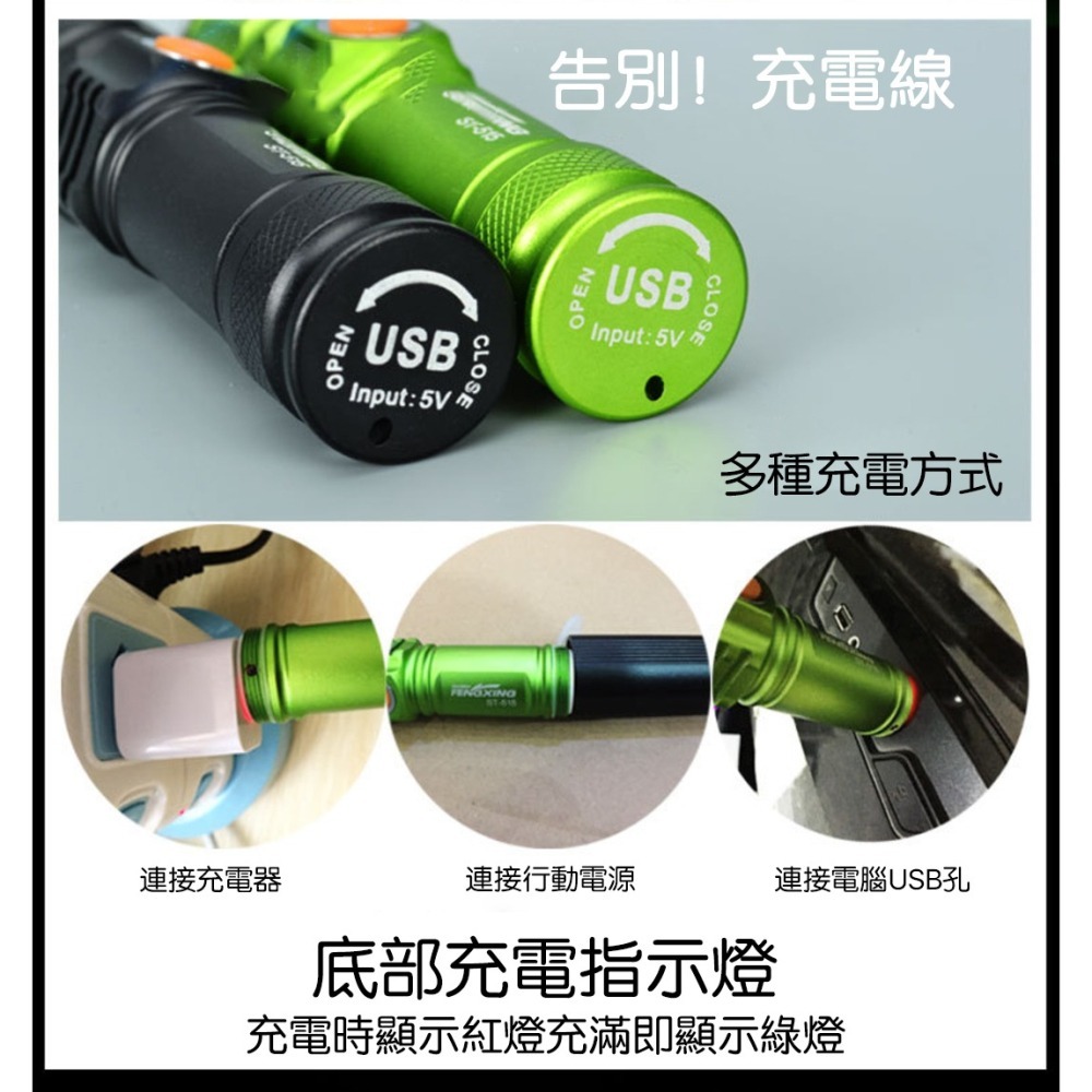 T6強光手電筒 USB充電 變焦LED手電筒 戰術手電筒 超亮手電筒 18650鋰電池 防水手電筒 露營登山-細節圖9