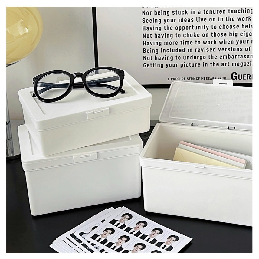 翻蓋收納盒 白色收納盒 桌面整理盒 ins風收納 文具收納盒 置物盒 手帳素材 防塵收納箱-細節圖2