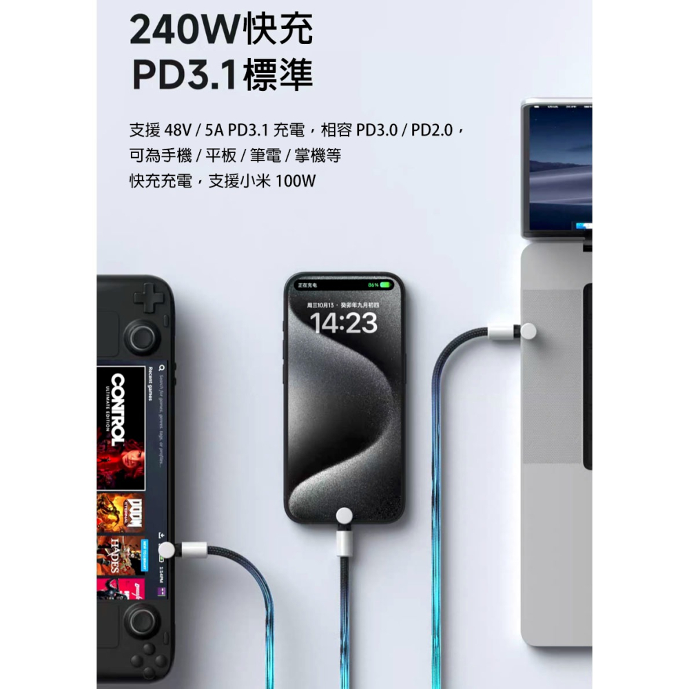 240W Type-C 充電線 PD3.1 快充線 C to C 傳輸線 適用 iPhone 17 筆電 平板 防塵蓋-細節圖4