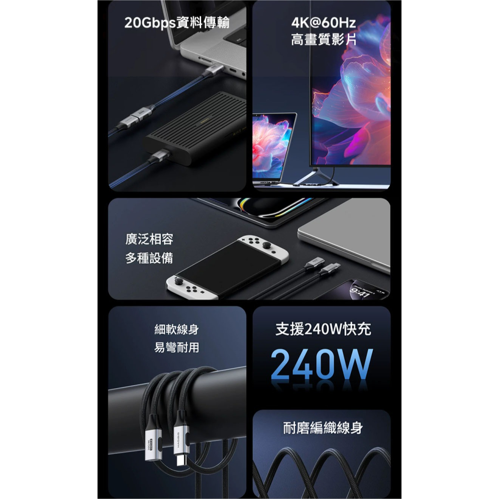 Type-C延長線 公對母 USB4 20Gbps 4K@60Hz 240W快充 PD3.1 雷電5 編織耐磨數據線-細節圖9