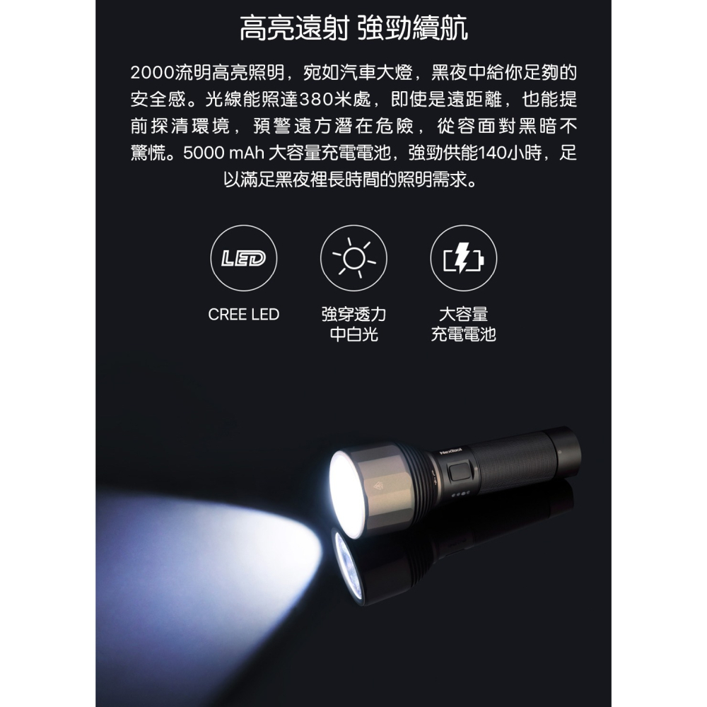 NexTool納拓強光手電筒 2000流明 380米遠射 Type-C充電 5000mAh 戶外露營-細節圖3