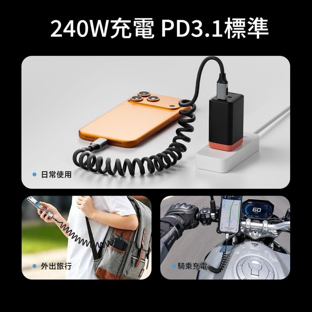 USB4全功能彈簧線 240W雙Type-C車用快充線 20Gbps 4K60Hz編織傳輸線 Hagibis-細節圖6