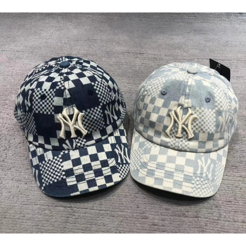 MLB春夏NY牛仔格子鴨舌帽軟頂棒球帽男女情侶款牛仔布帽子