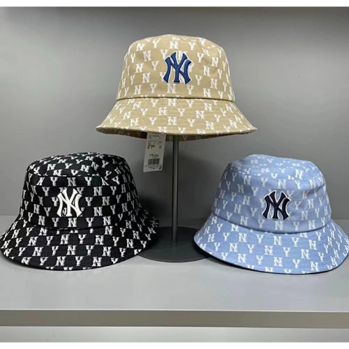 MLB韓國NY滿印LOGO漁夫帽女款夏季春秋防曬遮陽太陽帽子男盆帽牛仔藍色刺繡帽子