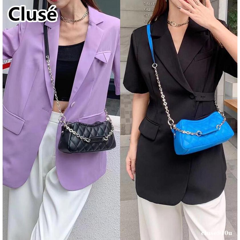 Clusé真皮女包小方包格菱包鏈帶包腋下包手提包手拎包單肩包斜背包胸前包肩背包女生包女士時尚休閒包口紅化妝包手機包鑰匙包 - cole55