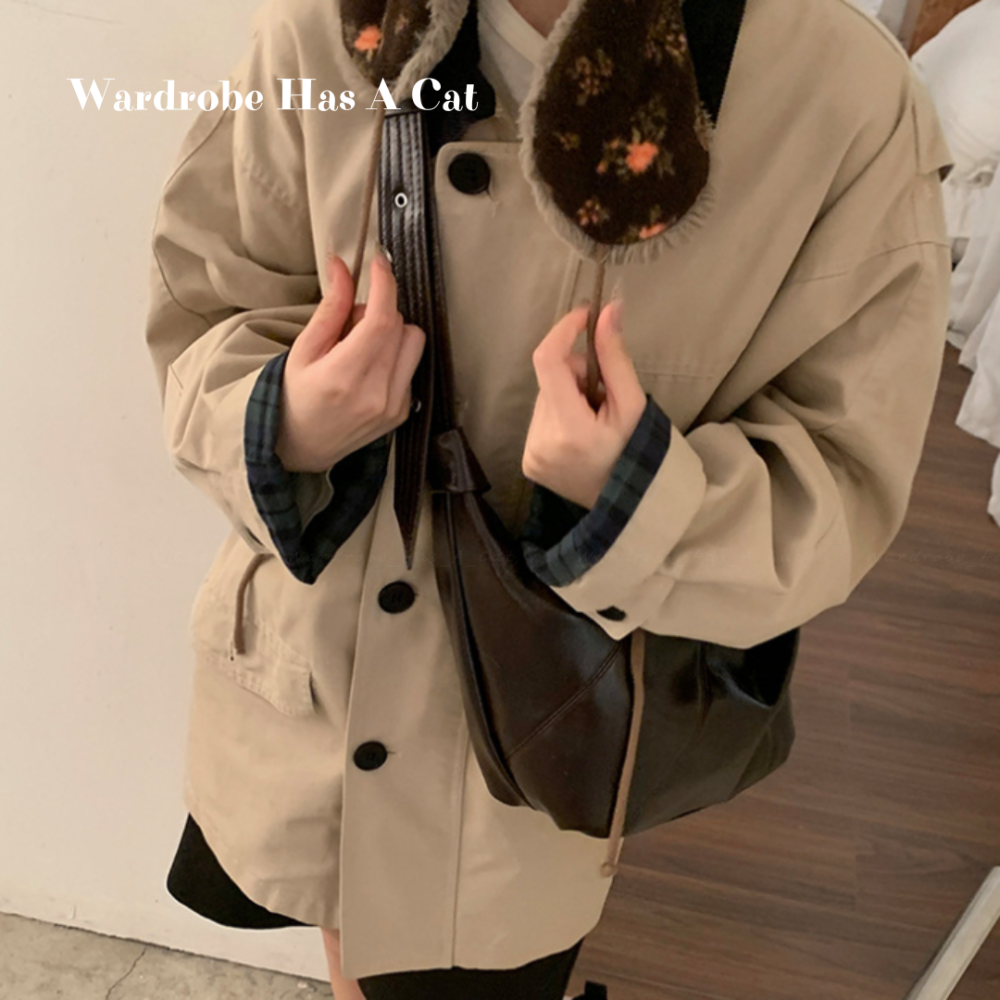 [WHAC] | 現貨 慵懶復古餃子包 美拉德包包 油皮斜背包 半月包 大容量油皮斜背包 秋冬百搭 牛角包-細節圖3