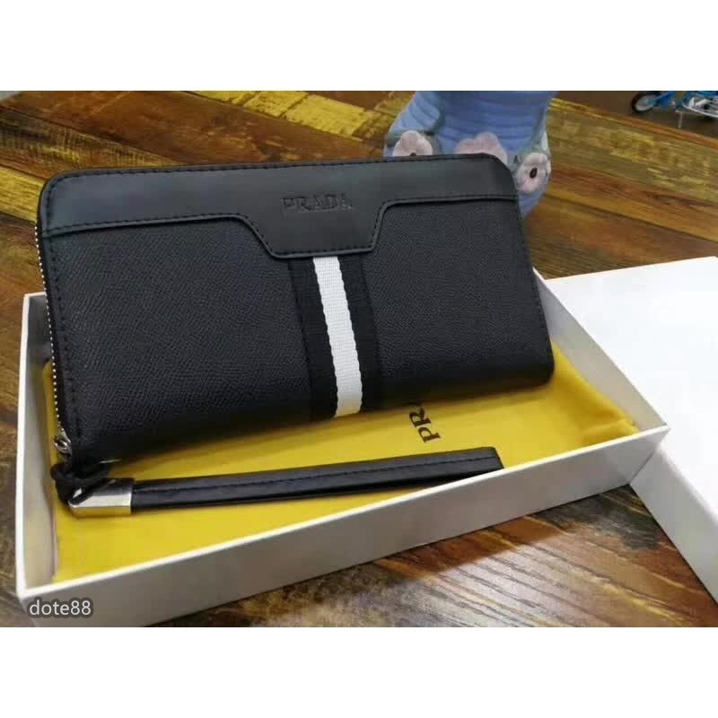 普拉達Prada新款頭層皮拼接式男士手包拉鍊設計輕鬆放入手機時尚實用-細節圖2