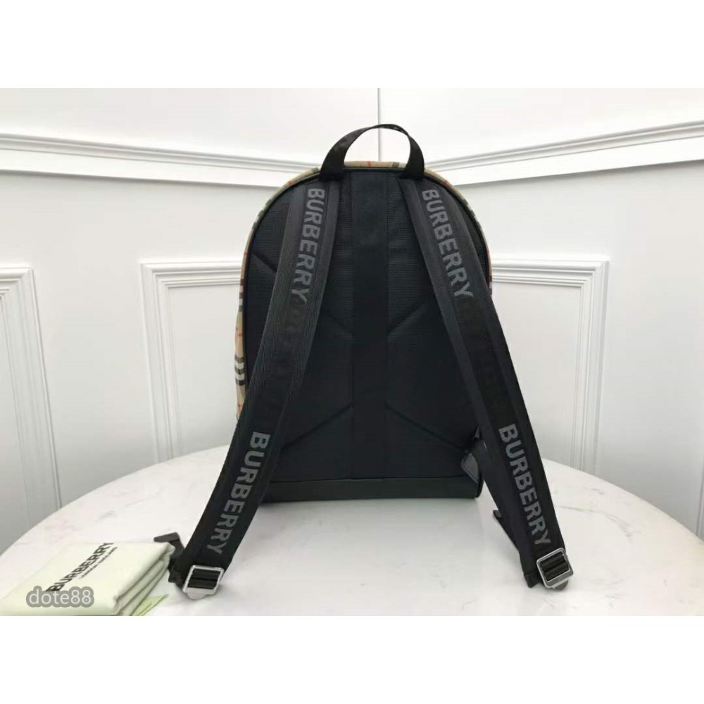 Burberry巴寶莉尼龍雙肩包背包裝潢Vintage復古格紋搭配平滑皮革邊飾肩背帶飾有Burberry字母-細節圖3