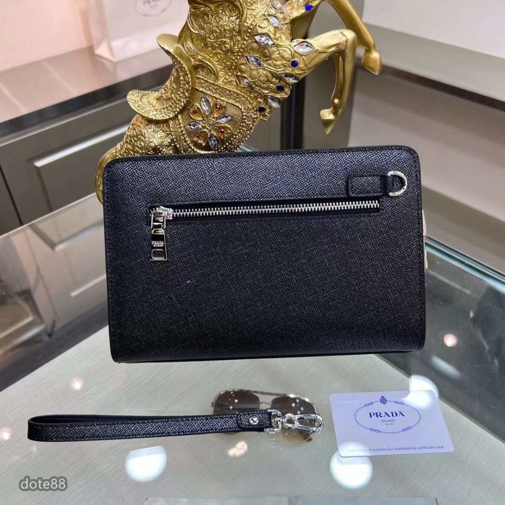 Prada普拉達新款手拿包採用進口牛皮製作頂級拋光不銹鋼飾面金屬配件正面外部三角形珐琅徽標簡單大方商務.節日生日禮物-細節圖2