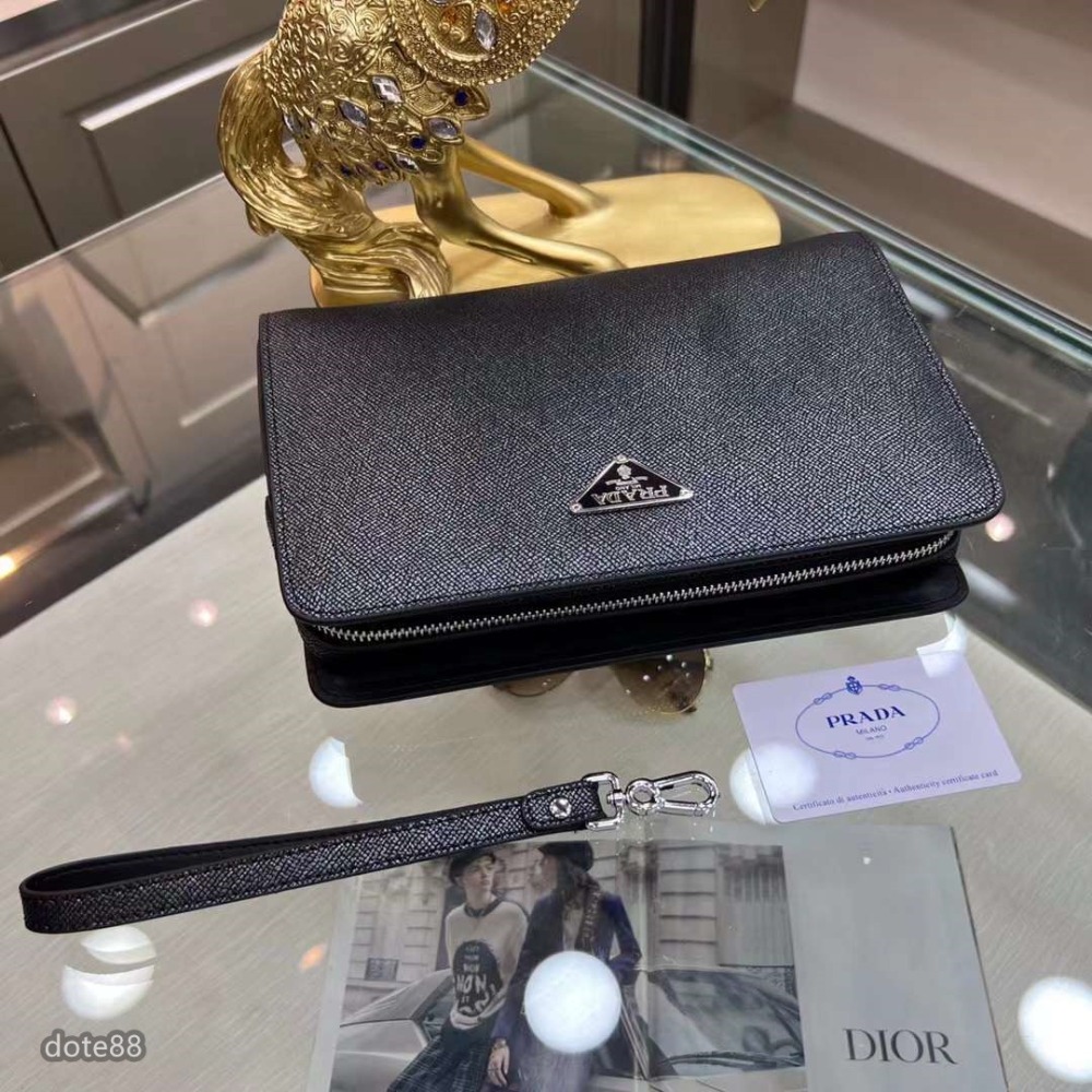 Prada普拉達新款手拿包採用進口牛皮製作頂級拋光不銹鋼飾面金屬配件正面外部三角形珐琅徽標簡單大方商務.節日生日禮物-細節圖6