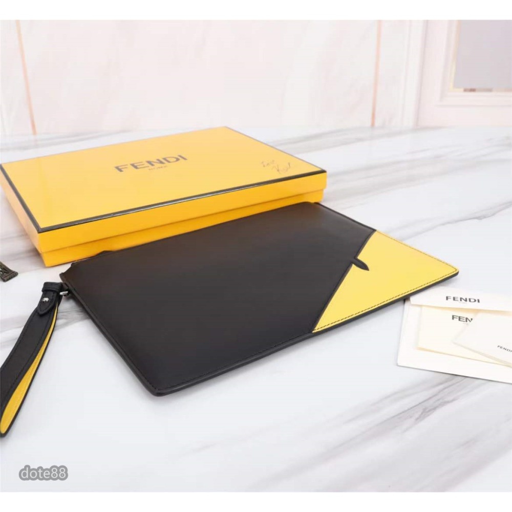 芬迪Fendi手拿包黑黃搭配立體眼睛百搭大容量男款時尚性價比超高簡約耐磨送男友節日生禮物出門必備時尚潮流-細節圖3
