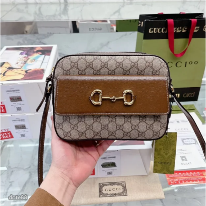 【GUCCI】古馳GG1955Horsebit 馬銜扣復古老花帆布拼皮相機包斜挎單肩包男女同款經典老印花大容量多功能-細節圖3