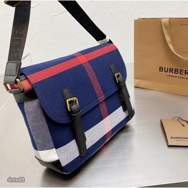 【Burberry】巴寶莉女包男包黃麻帆布拼色格紋翻蓋搭扣郵差包信使包單肩包斜挎包可調節肩帶休閒運動逛街生日情人節禮物-細節圖2