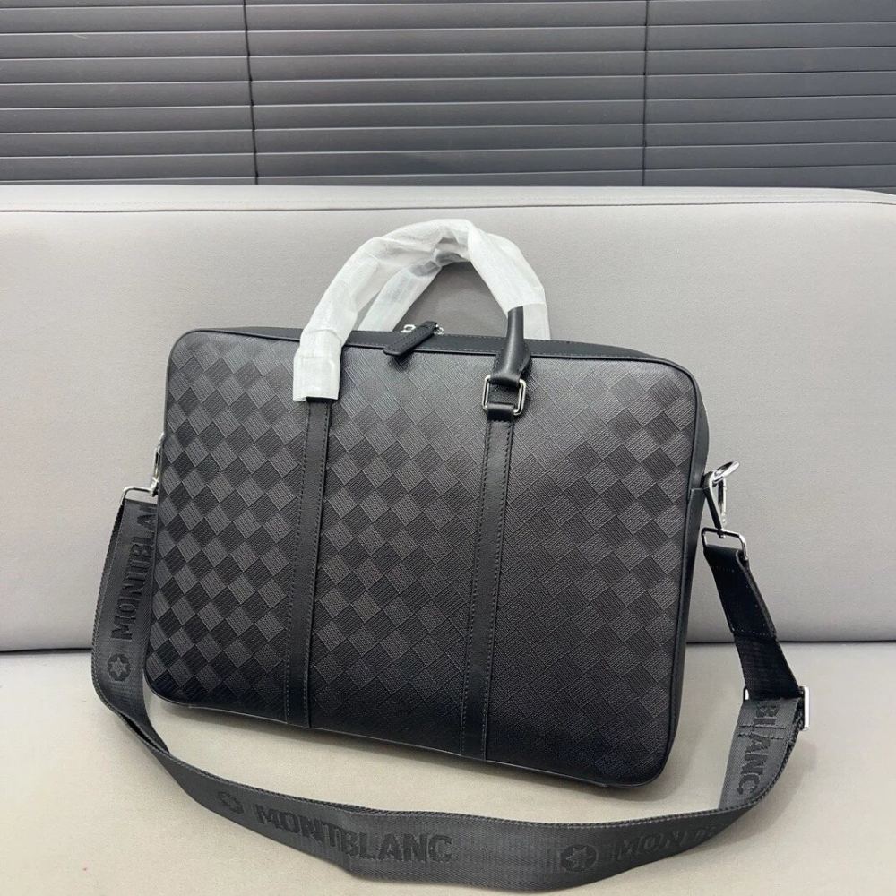 Montblanc萬寶龍公事包 男生背包 大容量多隔層公文包 商務通勤筆電背包 手提袋 壓花牛皮包包 黑色真皮皮質背包男-細節圖3