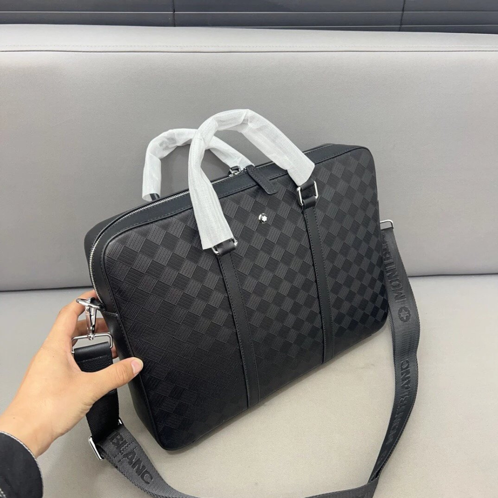 Montblanc萬寶龍公事包 男生背包 大容量多隔層公文包 商務通勤筆電背包 手提袋 壓花牛皮包包 黑色真皮皮質背包男-細節圖4