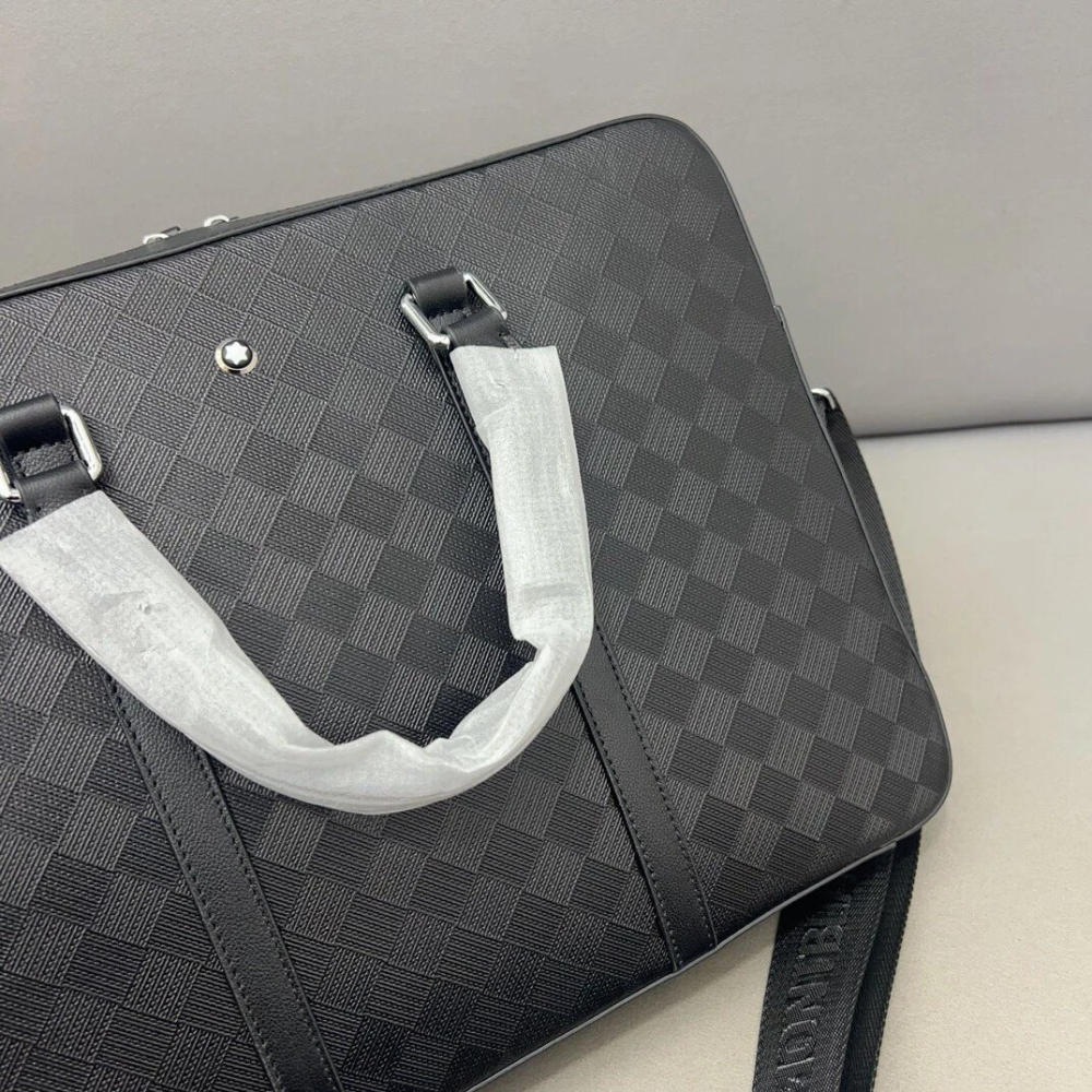 Montblanc萬寶龍公事包 男生背包 大容量多隔層公文包 商務通勤筆電背包 手提袋 壓花牛皮包包 黑色真皮皮質背包男-細節圖8