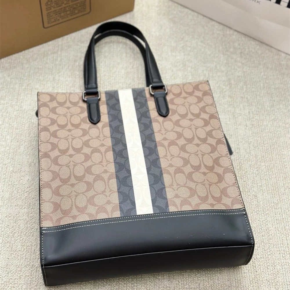 Coach蔻馳包包 graham男士豎款托特包 VARSITY條紋手提袋 商務出差公事包 電腦包 公文包 通勤百搭休閒包-細節圖2
