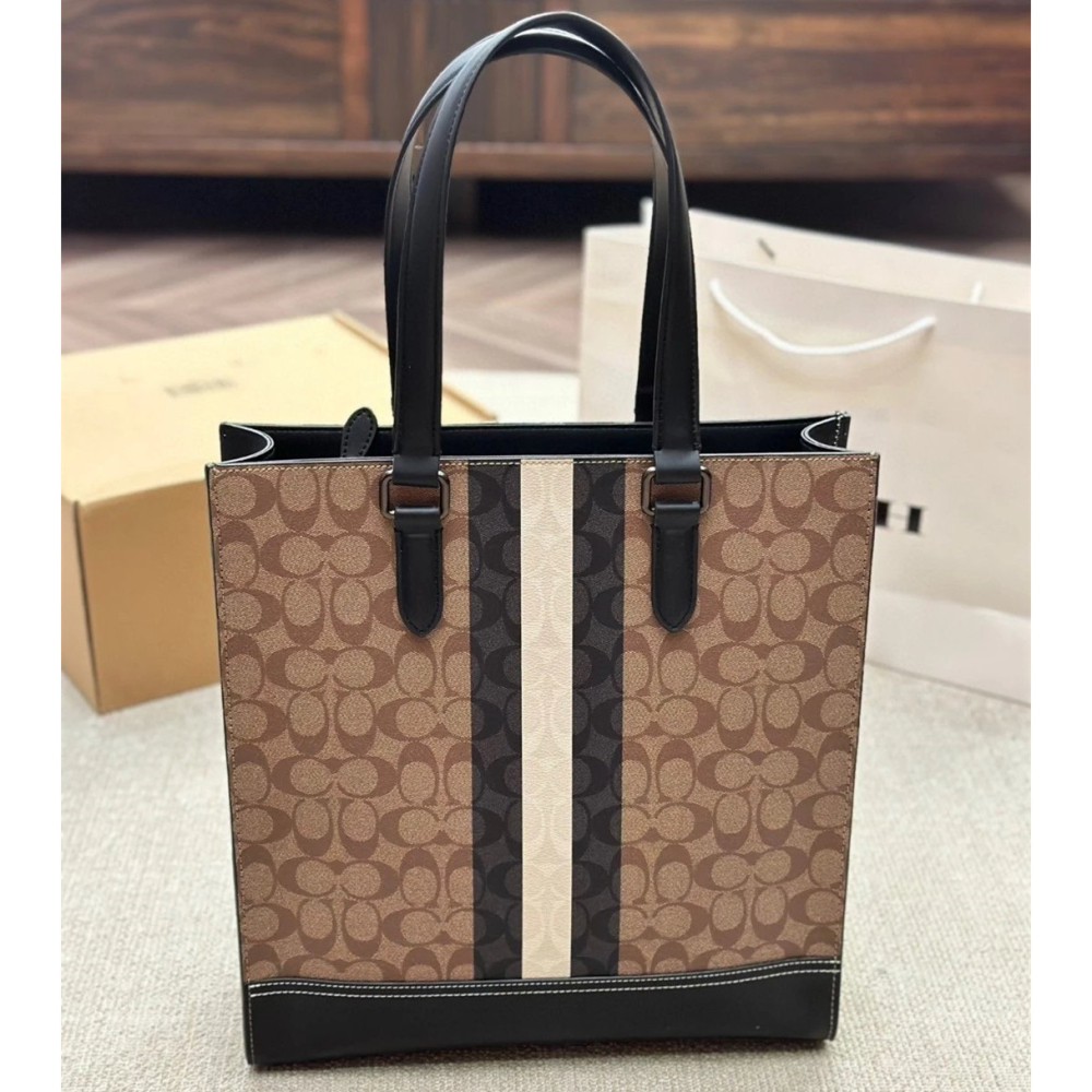 Coach蔻馳包包 graham男士豎款托特包 VARSITY條紋手提袋 商務出差公事包 電腦包 公文包 通勤百搭休閒包-細節圖5