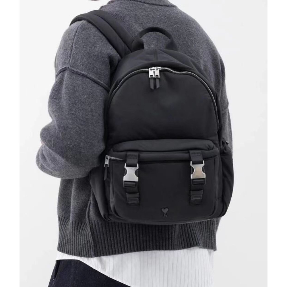 Ami雙肩包 男女通用雙肩後背包 防潑水黑色尼龍背包 簡約大方休閒包 運動包 旅行包 大容量手提袋 側背包 學生書包-細節圖3