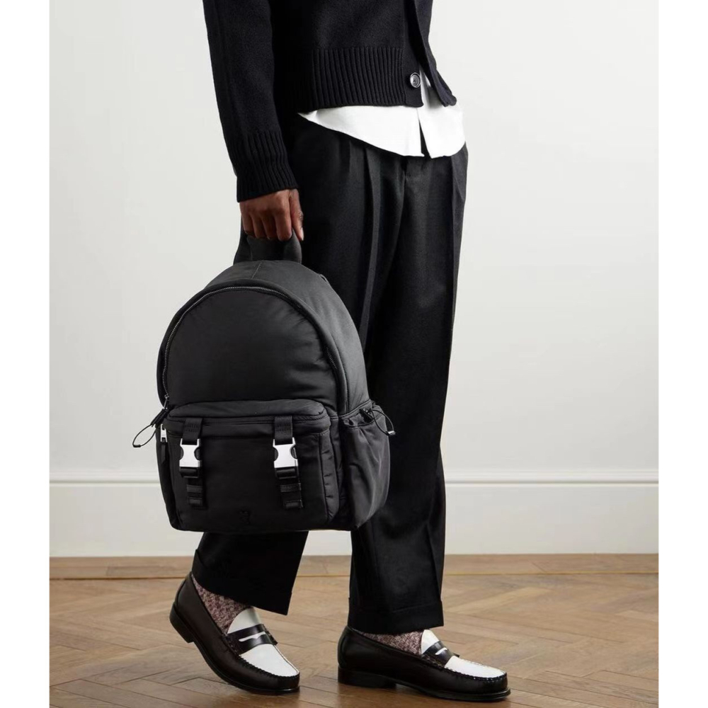 Ami雙肩包 男女通用雙肩後背包 防潑水黑色尼龍背包 簡約大方休閒包 運動包 旅行包 大容量手提袋 側背包 學生書包-細節圖4