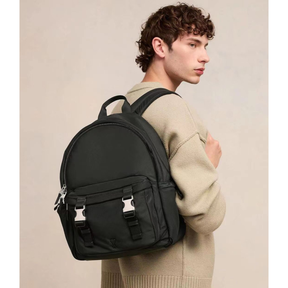 Ami雙肩包 男女通用雙肩後背包 防潑水黑色尼龍背包 簡約大方休閒包 運動包 旅行包 大容量手提袋 側背包 學生書包-細節圖5