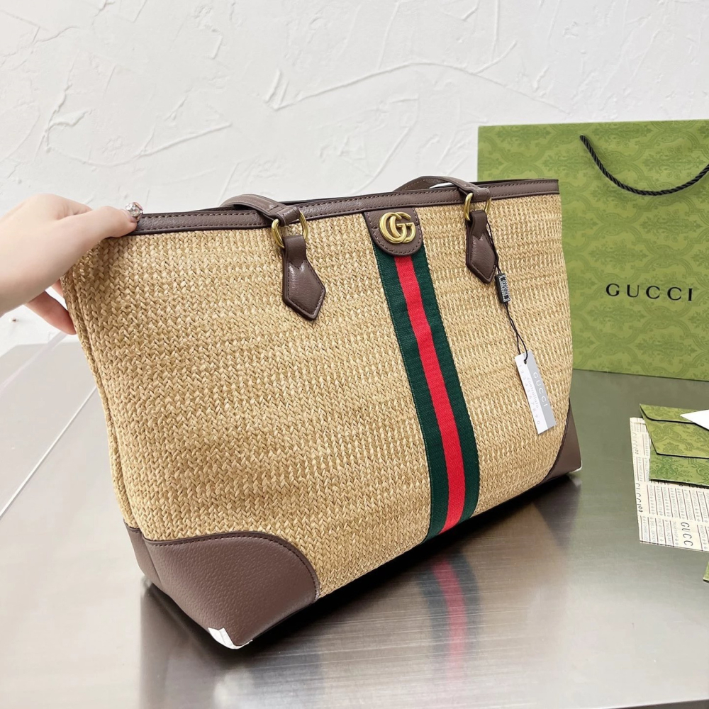 古馳包包 女生托特包 Gucci OphidiaTote購物袋 大容量大方包 媽咪包 草編包 草編拼牛皮背包 沙灘包 度-細節圖2