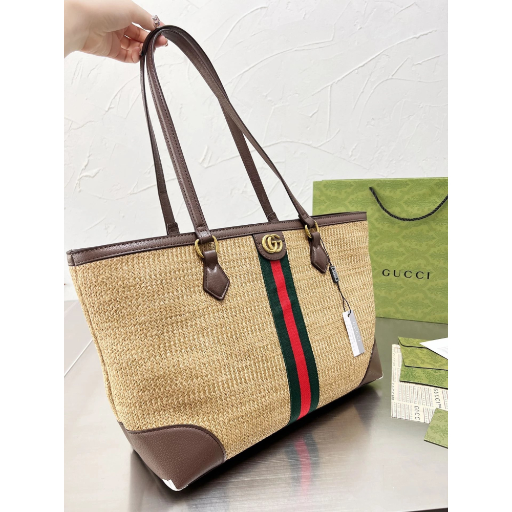 古馳包包 女生托特包 Gucci OphidiaTote購物袋 大容量大方包 媽咪包 草編包 草編拼牛皮背包 沙灘包 度-細節圖5
