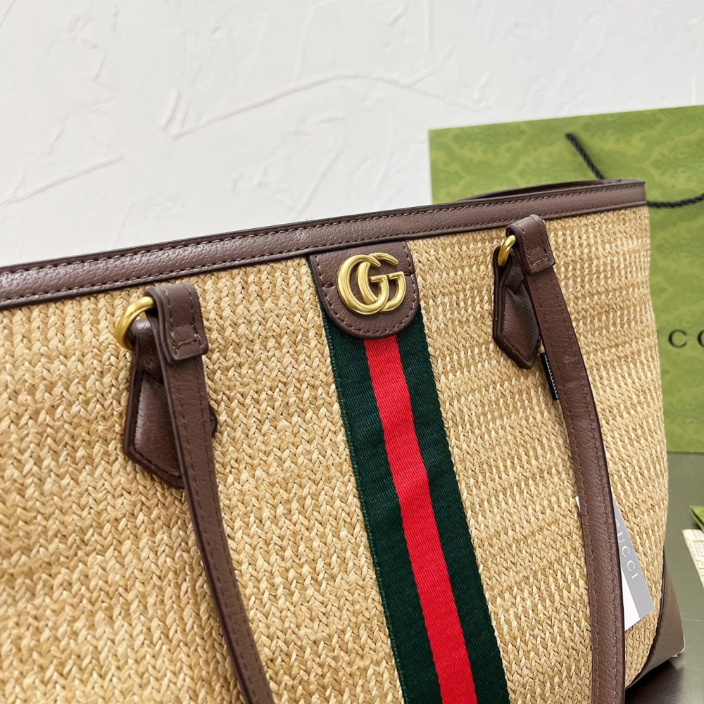 古馳包包 女生托特包 Gucci OphidiaTote購物袋 大容量大方包 媽咪包 草編包 草編拼牛皮背包 沙灘包 度-細節圖6