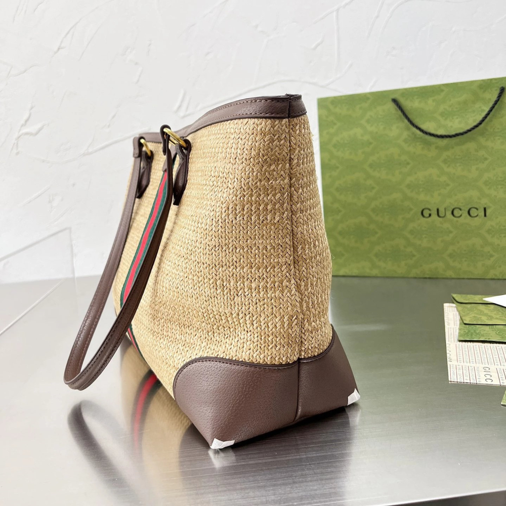 古馳包包 女生托特包 Gucci OphidiaTote購物袋 大容量大方包 媽咪包 草編包 草編拼牛皮背包 沙灘包 度-細節圖7