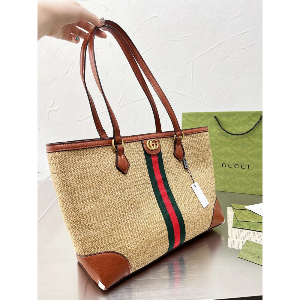 古馳包包 女生托特包 Gucci OphidiaTote購物袋 大容量大方包 媽咪包 草編包 草編拼牛皮背包 沙灘包 度-細節圖8