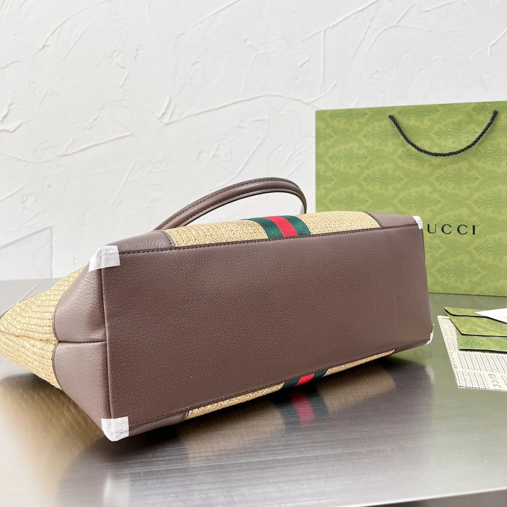 古馳包包 女生托特包 Gucci OphidiaTote購物袋 大容量大方包 媽咪包 草編包 草編拼牛皮背包 沙灘包 度-細節圖9