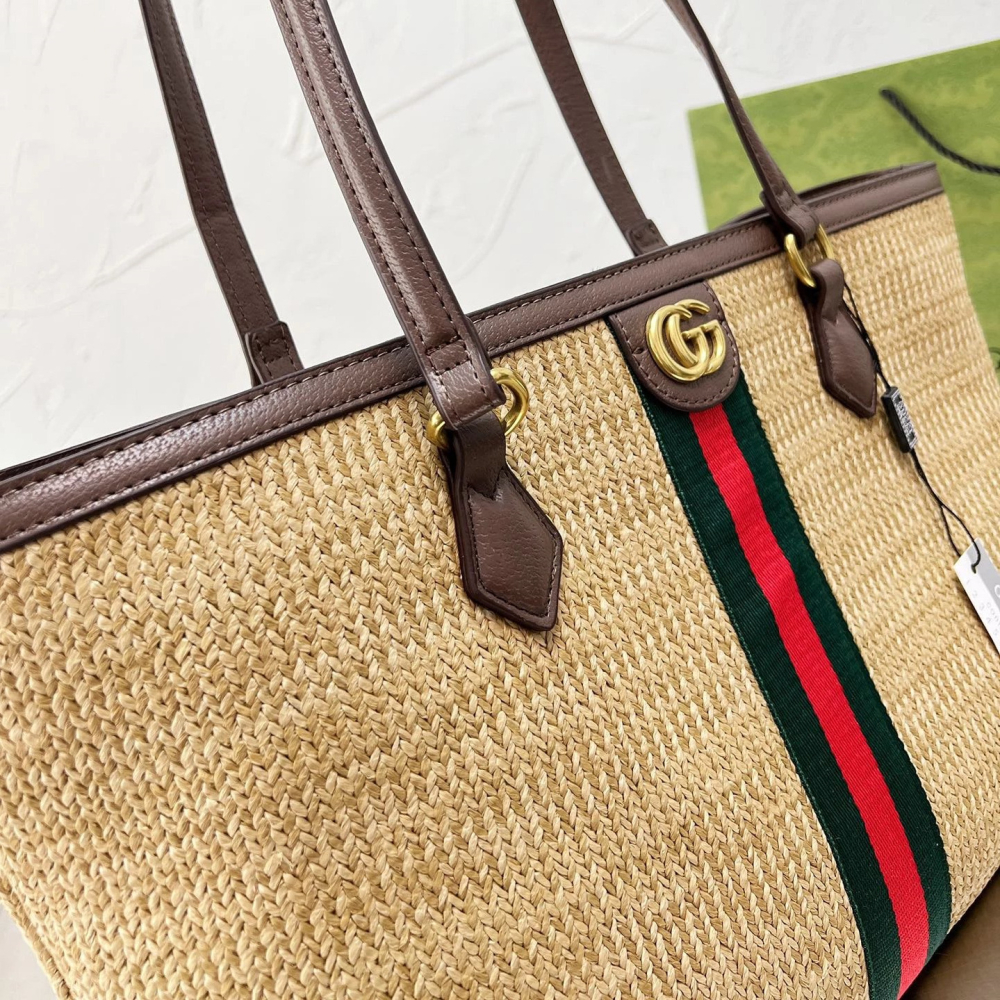 古馳包包 女生托特包 Gucci OphidiaTote購物袋 大容量大方包 媽咪包 草編包 草編拼牛皮背包 沙灘包 度-細節圖10