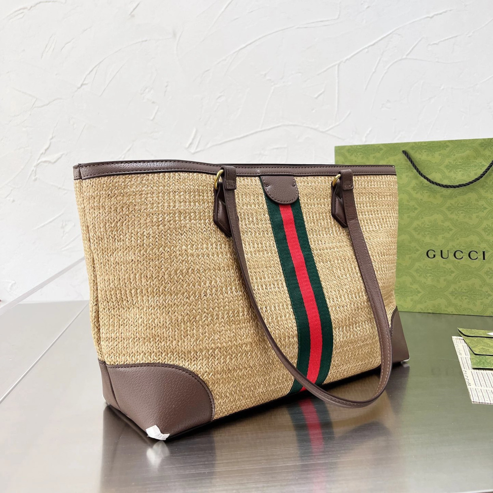 古馳包包 女生托特包 Gucci OphidiaTote購物袋 大容量大方包 媽咪包 草編包 草編拼牛皮背包 沙灘包 度-細節圖11