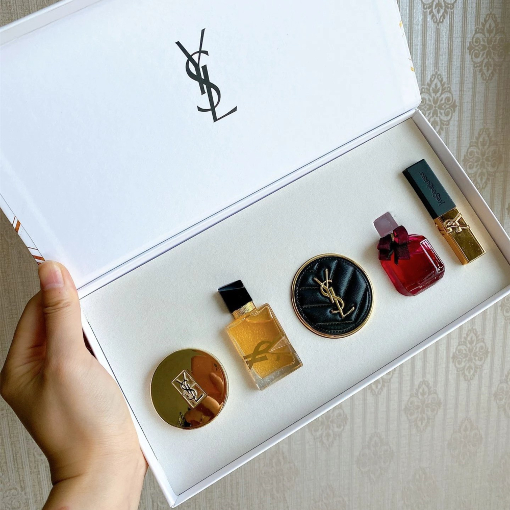 YSL聖羅蘭高定彩妝小樣五件套 套裝禮盒裝 女生香水 女香 皮革氣墊小樣5g 自由之水小樣7.5ml 反轉巴黎花耀濃香7-細節圖4