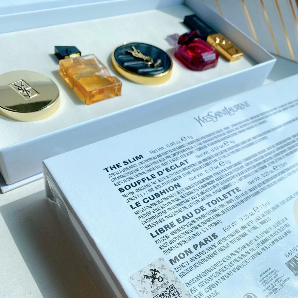 YSL聖羅蘭高定彩妝小樣五件套 套裝禮盒裝 女生香水 女香 皮革氣墊小樣5g 自由之水小樣7.5ml 反轉巴黎花耀濃香7-細節圖9