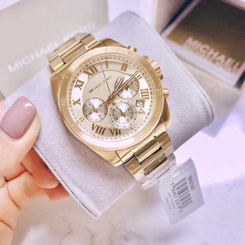 MICHAEL KORS手錶 MK手錶女 三眼計時手錶 日曆防水石英錶 時尚金色中性男女通用款 MK6366 金色鋼帶錶
