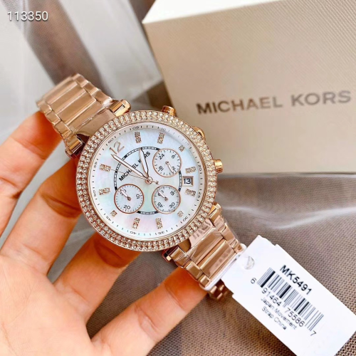 Michael Kors手錶 mk手錶女生 玫瑰金 銀色鋼鏈手錶 鑲鑽貝母錶面 三眼日曆石英錶MK5491 MK5353