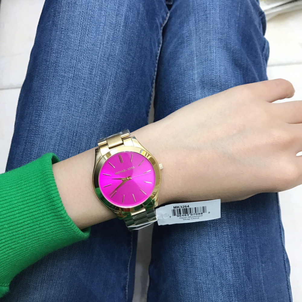 Michael Kors手錶 金色女錶 MK手錶 金色奢華時尚超薄大錶盤 大直徑石英錶 不鏽鋼鏈女生腕錶MK3264-細節圖4
