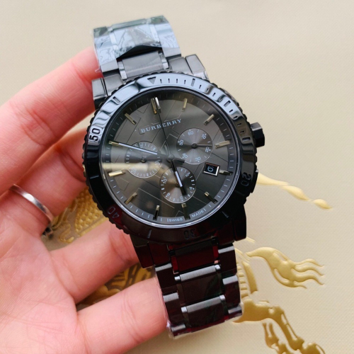 戰馬手錶 BURBERRY手錶 商務休閒男生手錶 BU9381 黑色不鏽鋼鏈男士商務休閒腕錶 三眼計時手錶 防水石英錶
