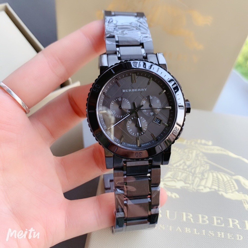 戰馬手錶 BURBERRY手錶 商務休閒男生手錶 BU9381 黑色不鏽鋼鏈男士商務休閒腕錶 三眼計時手錶 防水石英錶-細節圖5