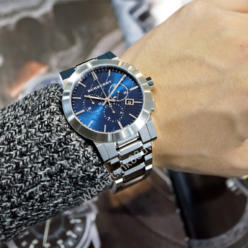 戰馬手錶 男士手錶 BURBERRY手錶 三眼計時日曆石英錶 商務休閒男錶 銀色藍面鋼鏈腕錶 防水手錶BU9363-細節圖3