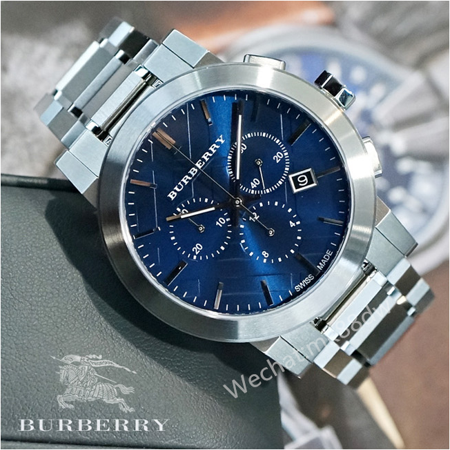 戰馬手錶 男士手錶 BURBERRY手錶 三眼計時日曆石英錶 商務休閒男錶 銀色藍面鋼鏈腕錶 防水手錶BU9363-細節圖4